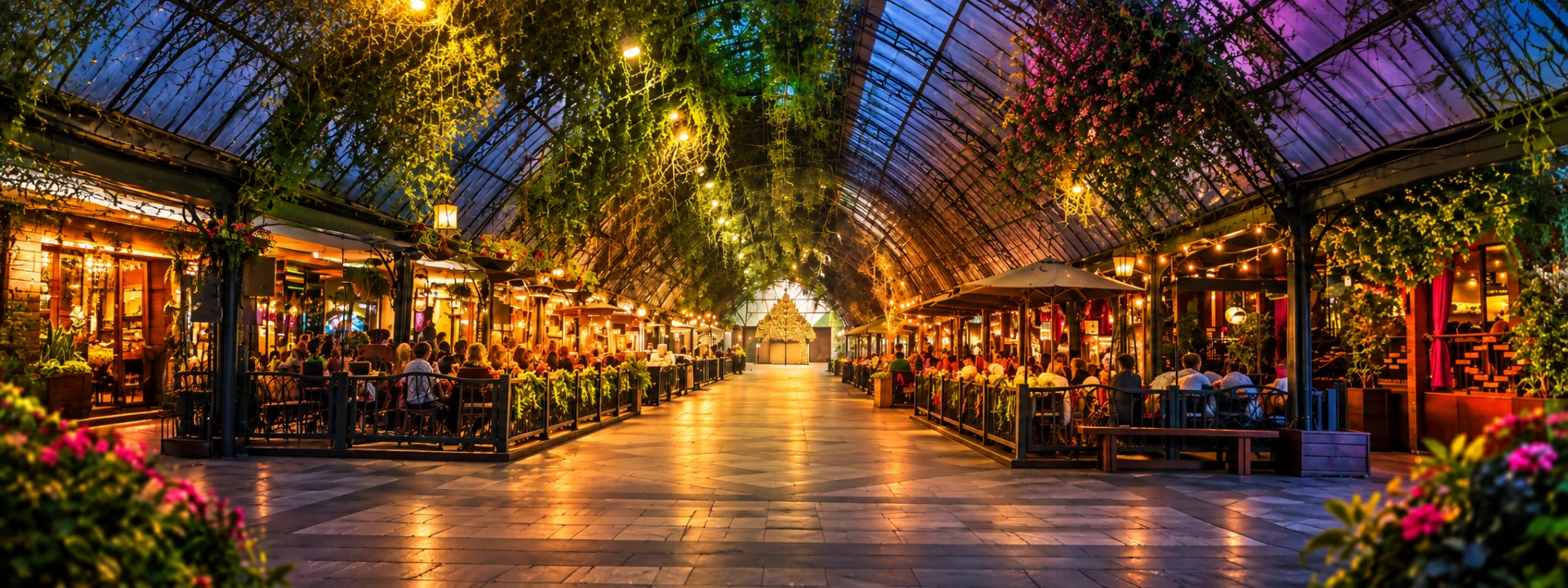 Galeria iluminada em Gramado ao anoitecer, com mesas e luzes douradas