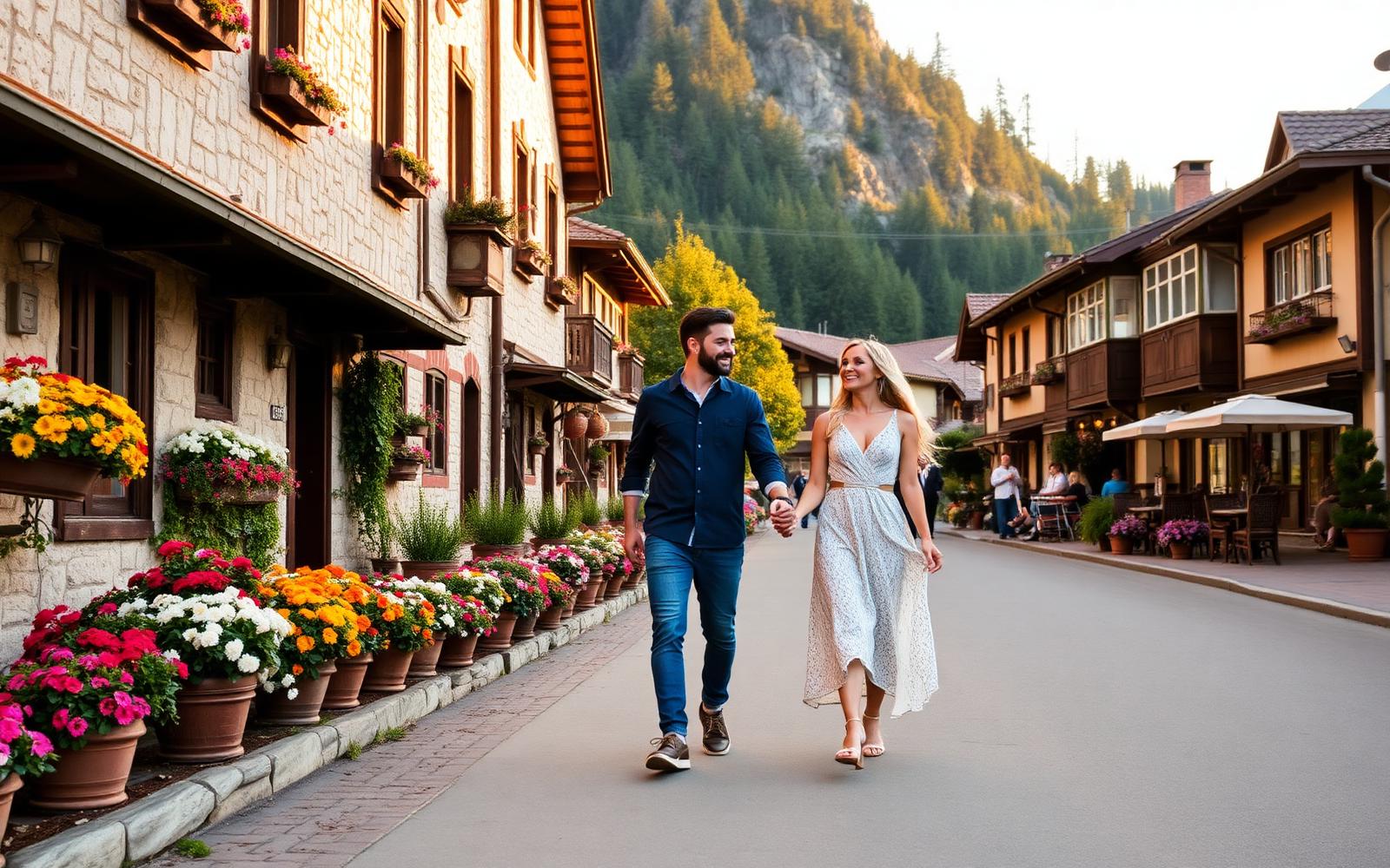 Casal caminhando por uma rua florida de Gramado
